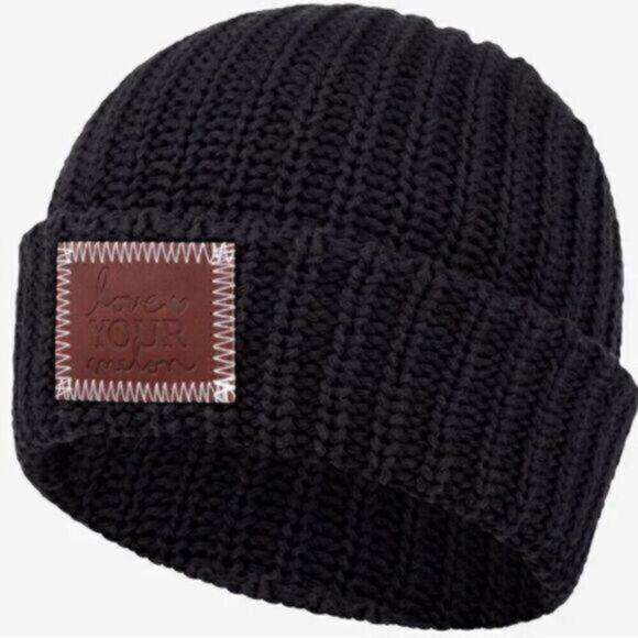 NWT Hello Mello Unisex Black Cuffed Beanie Adult with leather logo - Picture 1 of 6